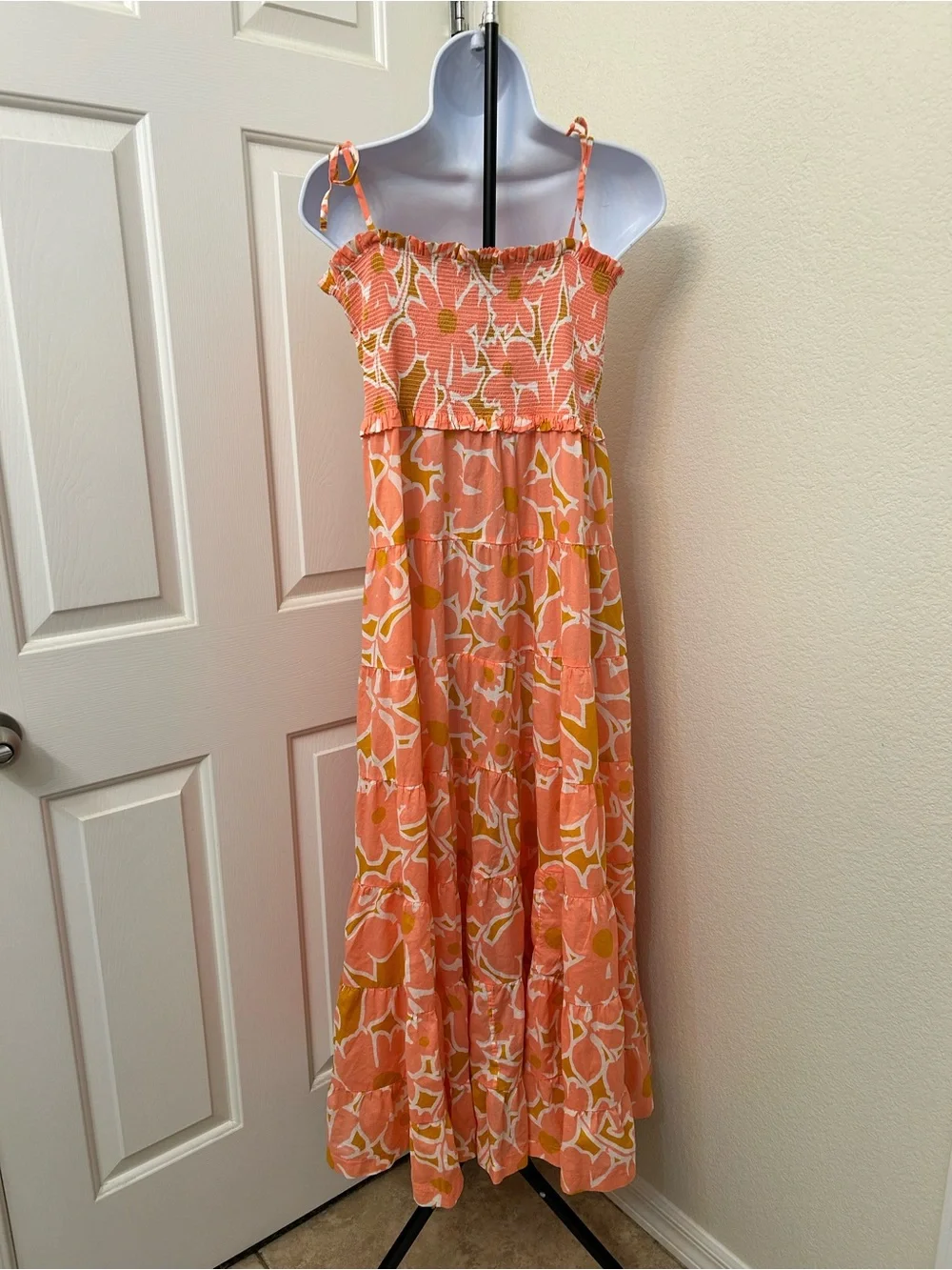 J. Crew Orange Floral Smocked Tie-Shoulder Maxi Dress